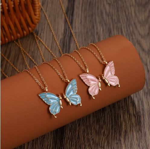 2pcs Oil Drip Butterfly Necklace Ins Creative Clavicle Chain Pendant