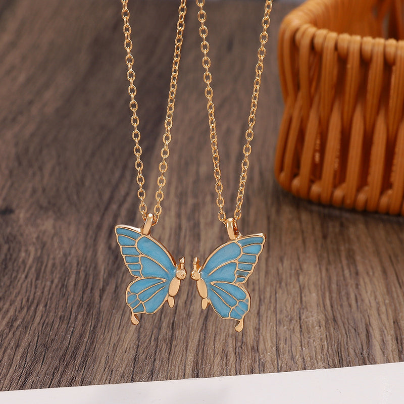 2pcs Oil Drip Butterfly Necklace Ins Creative Clavicle Chain Pendant