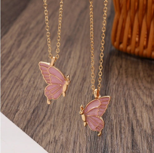 2pcs Oil Drip Butterfly Necklace Ins Creative Clavicle Chain Pendant