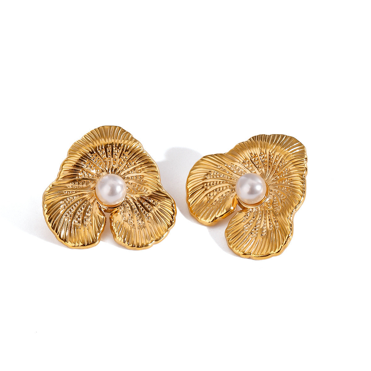 Stainless Steel Shell Pearls Rib Flower Earrings