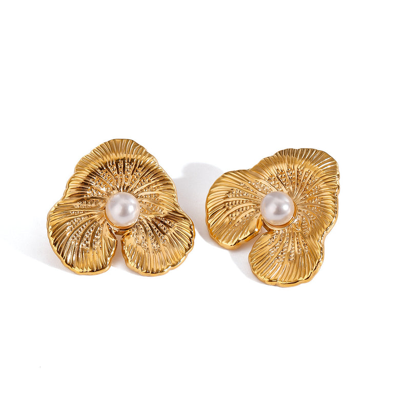 Stainless Steel Shell Pearls Rib Flower Earrings