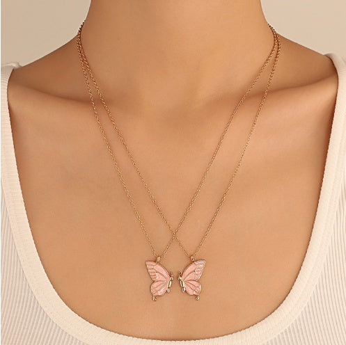 2pcs Oil Drip Butterfly Necklace Ins Creative Clavicle Chain Pendant