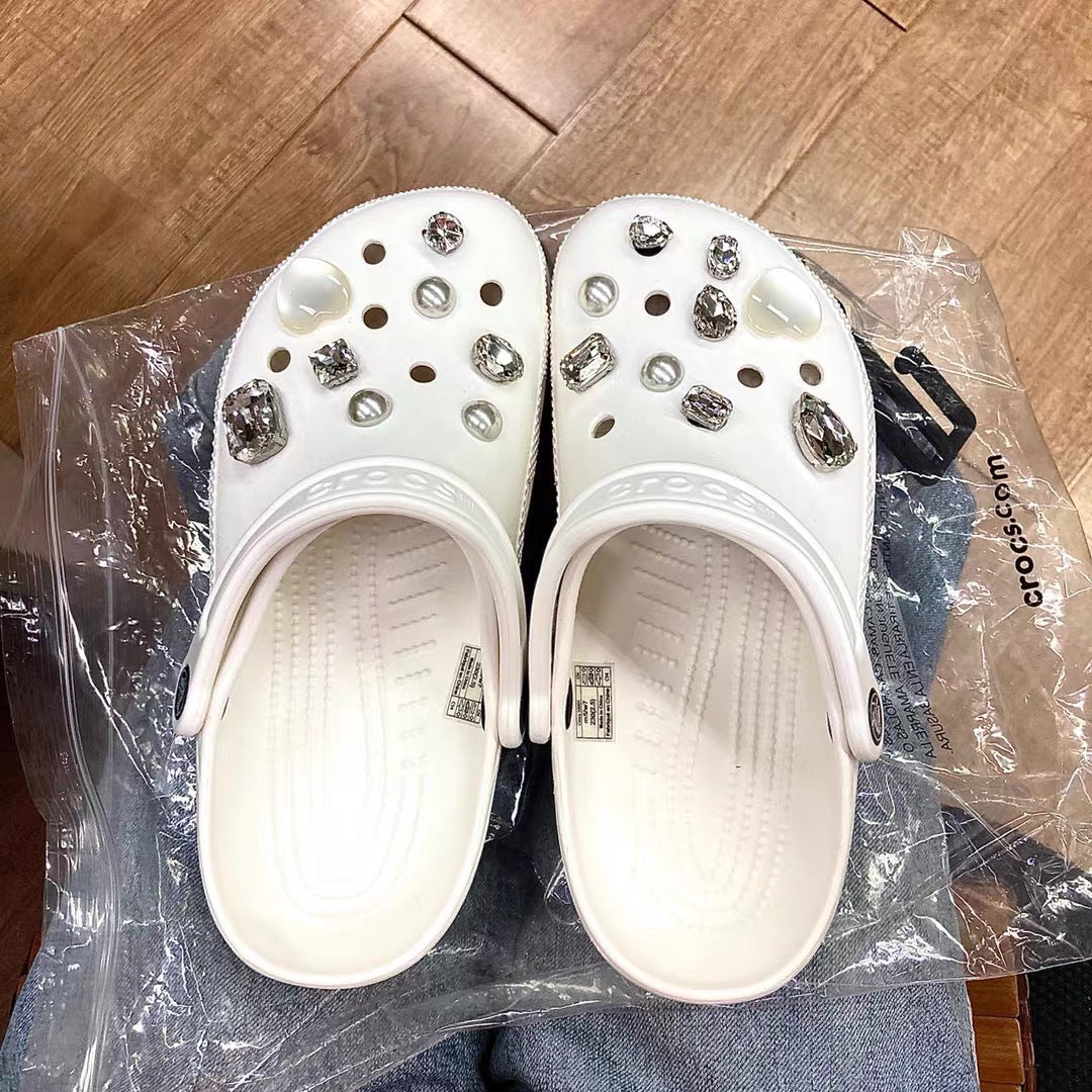 Hole Shoes Decorated With Rhinestone Buckle White Old Shoes Rhinestone Shoes Flower