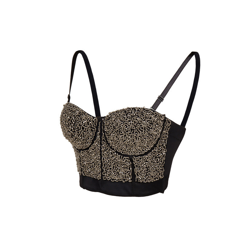 Strap Adjustable Beaded Crop Rhinestone Bra