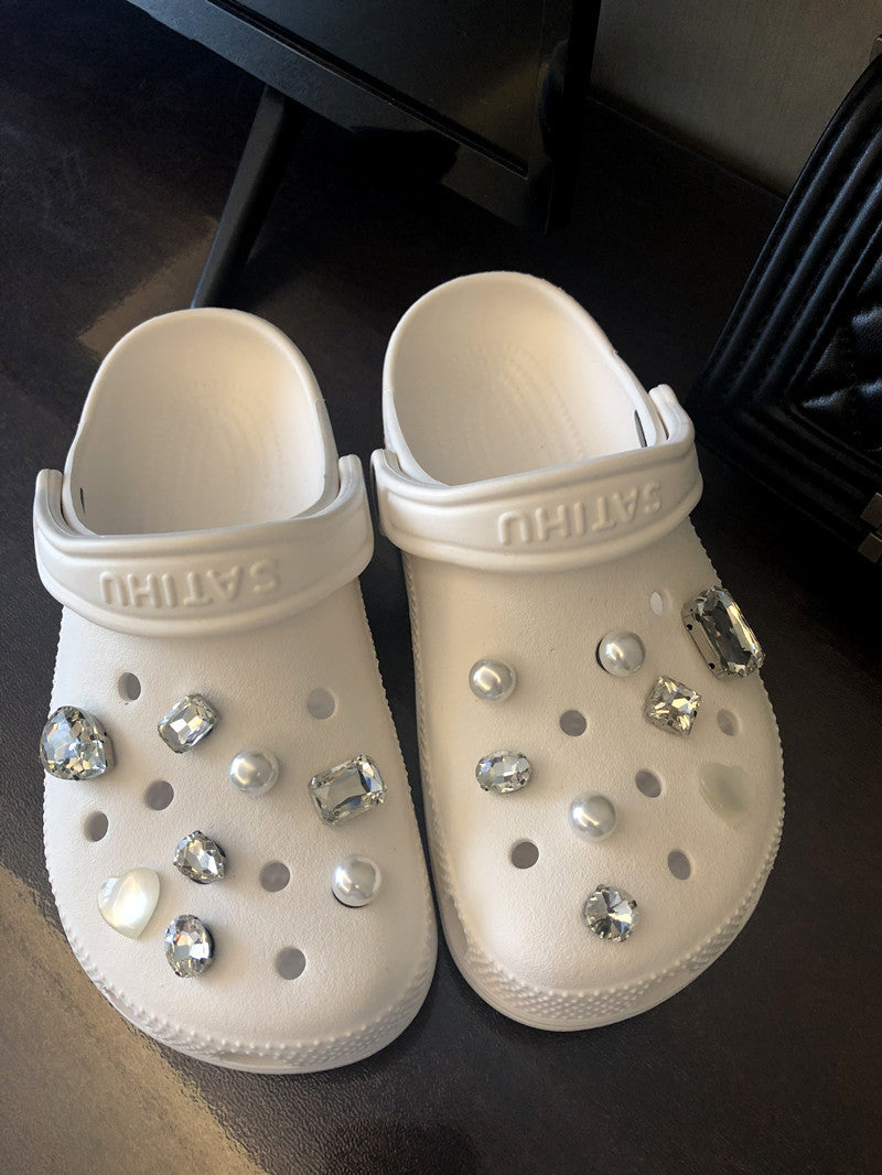Hole Shoes Decorated With Rhinestone Buckle White Old Shoes Rhinestone Shoes Flower