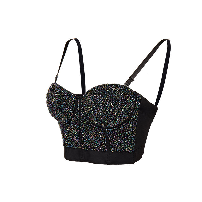 Strap Adjustable Beaded Crop Rhinestone Bra
