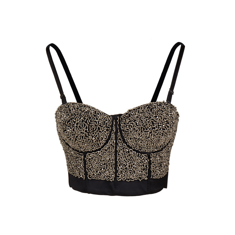 Strap Adjustable Beaded Crop Rhinestone Bra