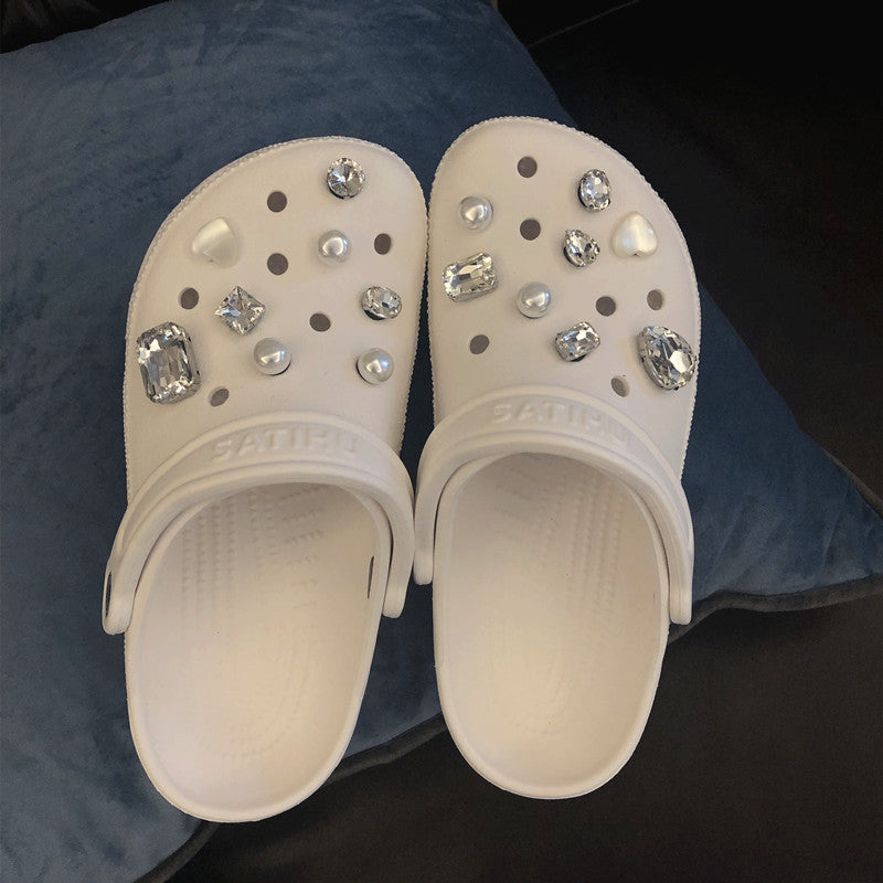 Hole Shoes Decorated With Rhinestone Buckle White Old Shoes Rhinestone Shoes Flower